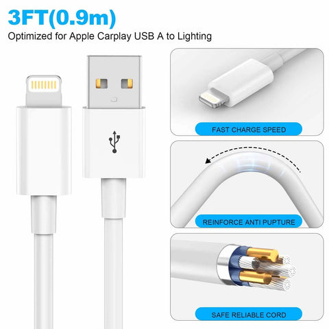 USB A To Lightning CarPlay Cable For iPhone 14 13 12 11 Pro Max XR XS X Three Foot Fast Charging Cord with durability features