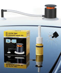 Windshield Crack Repair Kit With Vacuum Suction For SUVs Trucks And Windows Delivers Invisible, Long Lasting, Hassle Free Chip And Crack Repair In Minutes Stops Crack Spreading In Just 20 Minutes With Professional Grade Resin And Easy, Clear Finish shown with suction tool and resin bottle on windshield.