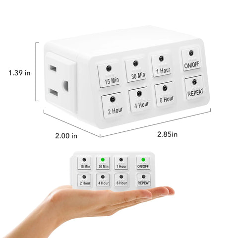 Slick Indoor Countdown Timer 2 Pack With Repeat Function 3 Prong Plug shown in hand for scale, featuring multiple timer stages.
