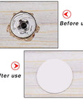 Screw Hole Stickers Three Sheet Pack For Hiding Screws And Fasteners Self Adhesive Caps showing before and after use on wood.
