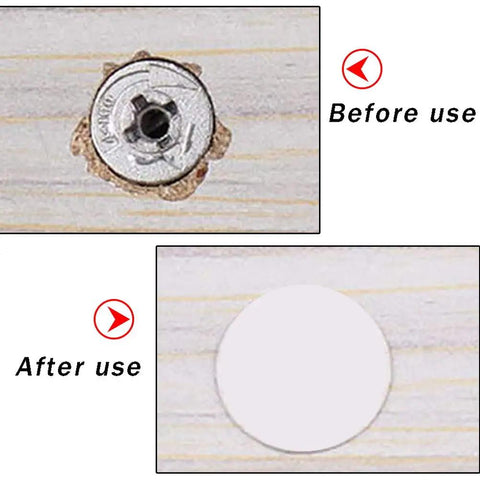 Screw Hole Stickers Three Sheet Pack For Hiding Screws And Fasteners Self Adhesive Caps showing before and after use on wood.