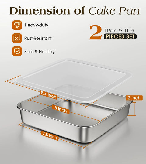 8x8 Inch 304 Stainless Steel Baking Pan With Lid, Heavy Duty Non-Toxic Square Cake Pan diagram with dimensions labeled.