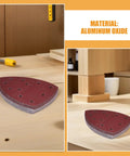 Merryhappy 60pcs Triangle Mouse Detail Sander Sandpaper Sheets With 11-Hole Hook And Loop Backing on wood surface.
