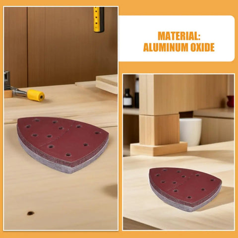 Merryhappy 60pcs Triangle Mouse Detail Sander Sandpaper Sheets With 11-Hole Hook And Loop Backing on wood surface.