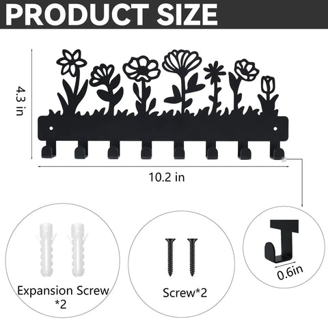 Size dimensions of Must Have Flower Style Wall Key Holder With Eight Hooks For Entryway Hallway Or Office, mounting hardware shown