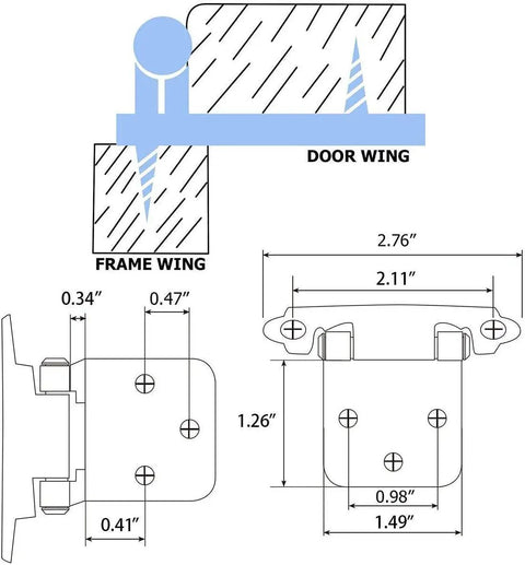 Technical diagram of Self Closing Brushed Brass Flush Mount Cabinet Hinges For Kitchen Bathroom And Cupboard 60 Piece Set 30 Pairs