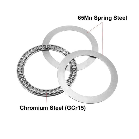 One Needle Roller Thrust Bearing With Washers For Hydraulic Rigs Drag Buster Design Pre Lubricated Bulletproof Smooth Rotation Shop Grade Reliability 80x105x6mm Axk80105 Specs featuring chromium and spring steel components.