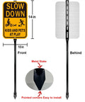 Slow Down Kids At Play Safety Signs In Yellow And Black Reflective Aluminum 14 By 10 Inches Weatherproof Outdoor Signs 2 Pack With 36 Inch Metal Stakes For Driveways And Parking Areas shown from front and behind, with metal stake detail.
