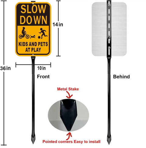 Slow Down Kids At Play Safety Signs In Yellow And Black Reflective Aluminum 14 By 10 Inches Weatherproof Outdoor Signs 2 Pack With 36 Inch Metal Stakes For Driveways And Parking Areas shown from front and behind, with metal stake detail.