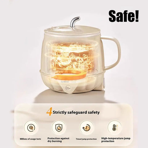 Dual Pack 600 Ml Electric Heated Milk Cup Portable Coffee Warmer With Three In One Design For Boiling Water And Slow Stewing showing safety features.