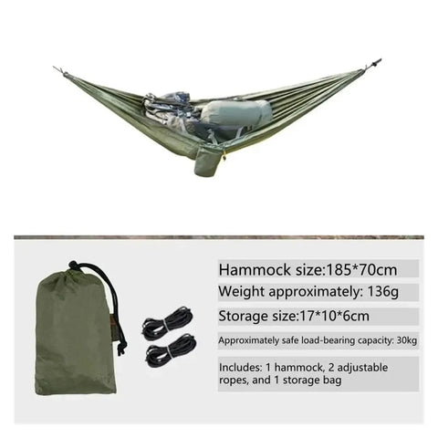 Ultralight Hammock Storage Sling For Bikepacking And Camping Gear shown with size details and accessories