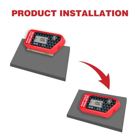 Hour Meter With Maintenance Reminder And Data Storage For Lawn Mower Chainsaw Dirt Bike Motorcycle And Marine Equipment Automatically Tracks Total Run Time When Spark Plug Signals Wake It Up And Lets You Reset The Timer. red resettable hour meter on adhesive pad, installation view