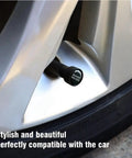 Valve Stem Covers With Car Logo on tire, Metal Tire Valve Caps For Cars, Exterior Accessories, black cap on silver rim
