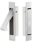 Heavy Duty Satin Nickel Pocket Door Handles Featuring Flush Edge Pull Design With Self Retracting Glide For No Sweat Indoor Outdoor Install Plus Tough As Nails 304 Stainless Steel Construction And Sleek Vibe - Close-up view of handle set.