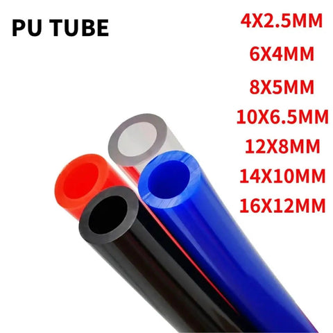 Heavy Duty PU Air Hose Tubing For Compressors Flexible Pneumatic Pipe Tube In Bright Blue with various sizes displayed.