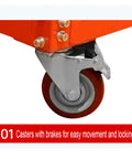 Close-up of caster with brake on Hardcore Heavy Duty Vertical Panel Cart With Five Partition Board Sorting Rack.