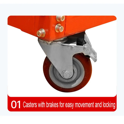 Close-up of caster with brake on Hardcore Heavy Duty Vertical Panel Cart With Five Partition Board Sorting Rack.
