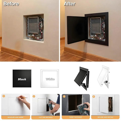 Before and after images of Dead Simple Push To Open Access Panel For Drywall And Ceiling Rust Resistant Waterproof Wall Hole Cover Plate.