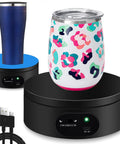 Black Motorized Rotating Display Stand, 360 Degree Automatic Silent Turntable For Epoxy Glitter Tumblers And Cups with colorful cups on it.