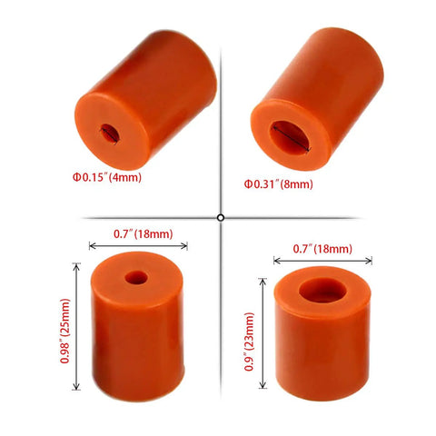 Upgrade Your Rig With Built Tough Silicone Bed Mounts And Heavy Duty Leveling Springs That Deliver Flawless Prints Every Single Time For Ender 3 Max Cr10 Sv01 Sv02 Fdm Printer Accessories - Detailed view of orange silicone leveling posts, sizes 25mm, 23mm, 4mm bore, and shock absorption feature.