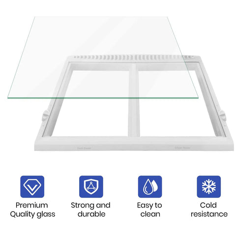 Replacement Crisper Drawer Glass Cover That Fits Kenmore Electrolux Crosley And More Refrigerators shown above frame with icons