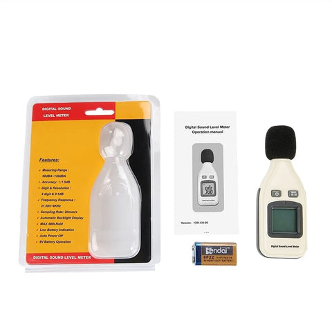 Professional Handheld Decibel Meter Rock Solid Sound Level Tester with manual and battery beside packaging, noise measurement tool.