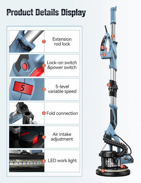 Drywall Sander With Auto Vacuum Dust Collection 800W Power Variable Speed 800 To 1800 RPM LED Work Lights details display