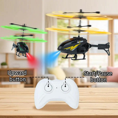 Three Pack Gesture Sensing RC Toys For Kids, indoor flying helicopters with lights hovering over a table.