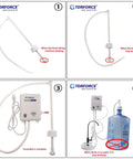 Assembly and function stages of 5 Gallon Bottle Water Dispenser Pump System for home and office use, showing parts and operation