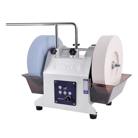 Slick 10 Inch Water Cooled Wet Grinding Machine With Dual Variable Speed Stones for precision tool sharpening with water tray.