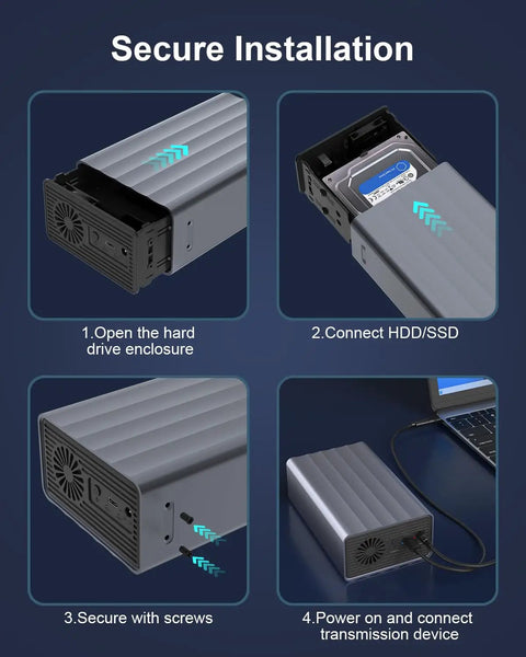 Heavy Duty Two Bay Hard Drive Enclosure For 2.5 And 3.5 Inch Sata Hdd Ssd Supporting Up To 48Tb with secure installation process steps.