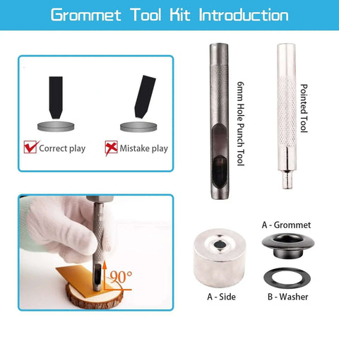 Diagram of Eyelet Kit With 110 Sets In Black And Silver, Includes 3 Tools And A Storage Box, showcasing correct tool use.