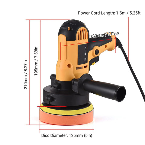 Powerful 700W Buffer Polisher 5 Inch with detachable handle, visible dimensions, power cord length shown for auto detailing use.