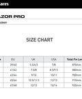 Size chart for Razor Pro Full Foot Swim Fins For Freediving And Spearfishing, showing EU, UK, USA sizes and total fin length.
