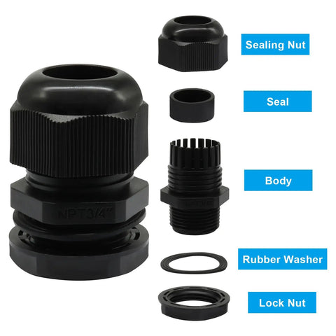 Six Pack Three Quarters Inch Plastic Industrial Grade Cable Glands Cord Grips Waterproof Grommets For Wires IP68 parts labeled