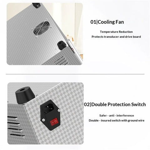 Top Shelf Badass Ultrasonic Vinyl Record Washer With 6.5 Liter Wash Basin showing cooling fan and protection switch.