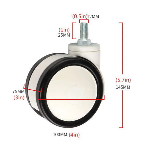 Badass Heavy Duty Trolley Casters Featuring Slick Polyurethane Wheels And Rock Solid Double Rotary Brakes For Furniture And Medical Equipment Rolling Smoothly, showing dimensions.