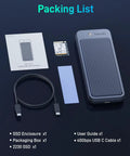 Total Beast USB4 To NVMe SSD Enclosure Supporting Blazing Forty Gbps Transfers And Hella Efficient Dual Layer Aluminum Cooling For Slick Tool Free Setup And Smooth Portable Storage Workflow packing list including SSD enclosure, USB C cable, user guide, and 2230 SSD.
