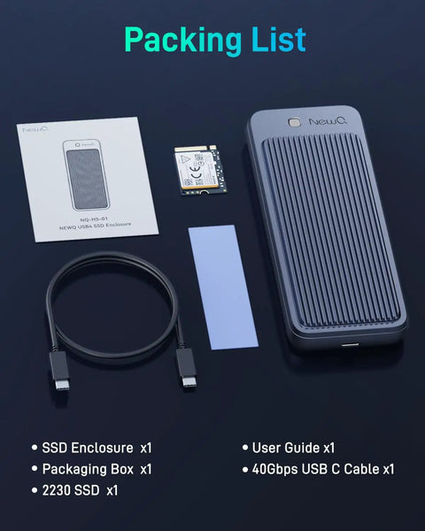Total Beast USB4 To NVMe SSD Enclosure Supporting Blazing Forty Gbps Transfers And Hella Efficient Dual Layer Aluminum Cooling For Slick Tool Free Setup And Smooth Portable Storage Workflow packing list including SSD enclosure, USB C cable, user guide, and 2230 SSD.
