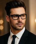 Man wearing black frame glasses in formal attire indoors