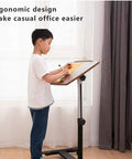 Grab And Go Rolling Sit Stand Desk With Smooth Adjustable Tilt, Portable Standing Lecture Podium For Modern Workspaces, Ergonomic Computer Console That Crushes Back Pain And Keeps You Locked In All Day Long, child using ergonomic desk
