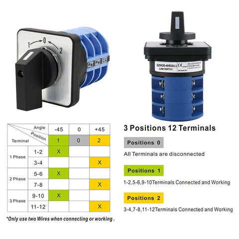 Three Position Momentary Rotary Cam Switch With Auto Reset Center 0 For Motor Reversing And Inching, 12 Terminals, 40A 660V, Industrial Control And Testing Equipment, SZW26 40 B303 3 front and side view with wiring diagram
