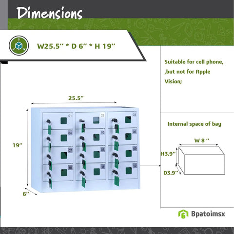 Dimensions of Solid Heavy Duty Steel 12 Slot Cell Phone Storage Lockers With Integrated Fast Charging Station And Secure Key Lock For Offices Schools And Work Crews White.