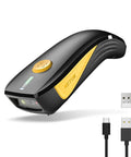 Compact Bluetooth Barcode Scanner for 1D and 2D codes with USB cable, ideal for inventory management on tablets, Android, iOS, PC, and POS.