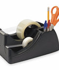 Heavy Duty Desktop Tape Dispenser Featuring Weighted Base For Smooth One Hand Tape Application And Quick Pen Stash Nook Office Game Changer with tape and pens.