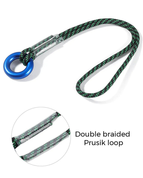 6mm Prusik Loop Cord For Climbing And Rescue with blue metal ring, polyester auxiliary rope, beefy no slip grip, pre sewn friction hitch