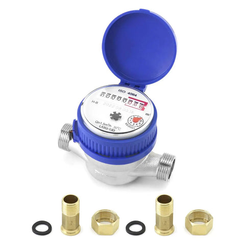 Two Pack Water Meter For Cold Water With Pulse Output Half Inch BSPT Thread And Half Inch NPT Adapters Rotating Dial Horizontal Installed