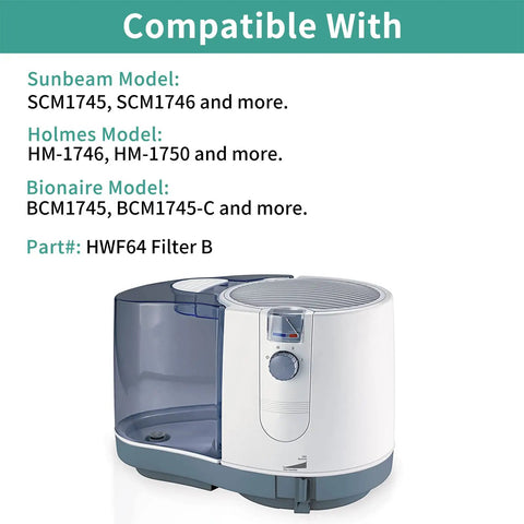 Humidifier showing compatible models with Sunbeam SCM1746 SCM1745 Holmes HM1746 HM-1745 Bionaire BWF64 filter replacement info.