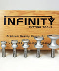 Five Piece Bullnose Router Bit Set With Razor Sharp Carbide Tips Heavy Duty Solid Steel Build, showing various sizes and designs.