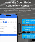 Beefed Up IP67 Waterproof Fingerprint Access Control System app interface with normally open mode settings on smartphone screen.